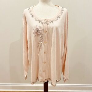 Storybook Knits Cardigan Women 3X Pink Beads Ribbon Romantic Pastel Party Granny